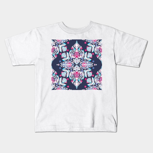 Pastel Folk Art Pattern in soft navy, pink, mauve & white Kids T-Shirt by micklyn